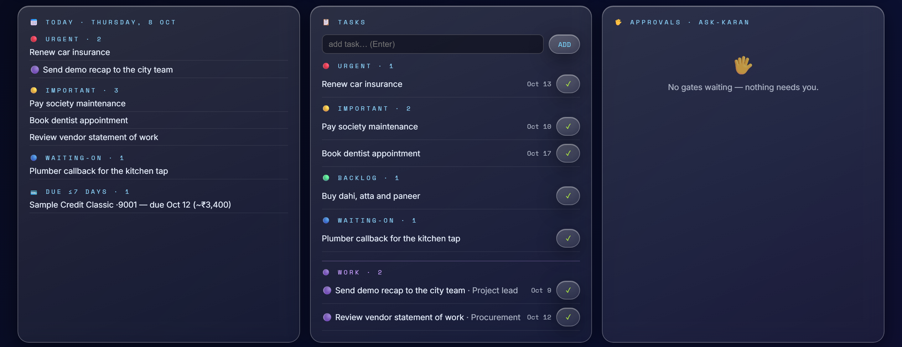 Mission Control panels: today, tasks by bucket, and the approvals queue (demo data)